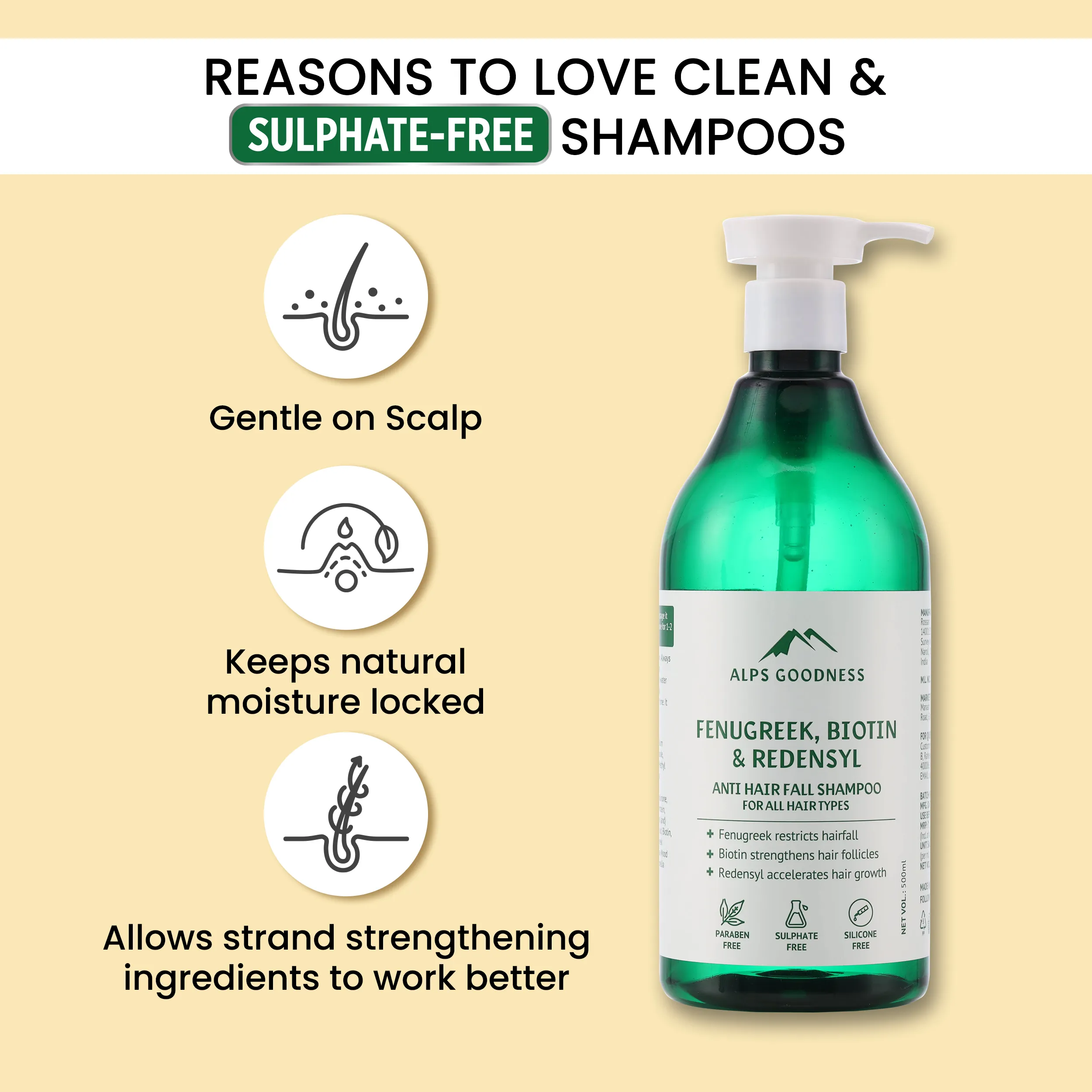 Alps Goodness Fenugreek Biotin & Redensyl Anti Hairfall Shampoo for All Hair Types (500 ml) | Sulphate Free Silicone Free Paraben Free | Gentle & Mild Cleansing Shampoo| Vegan | Hairfall Control Shampoo