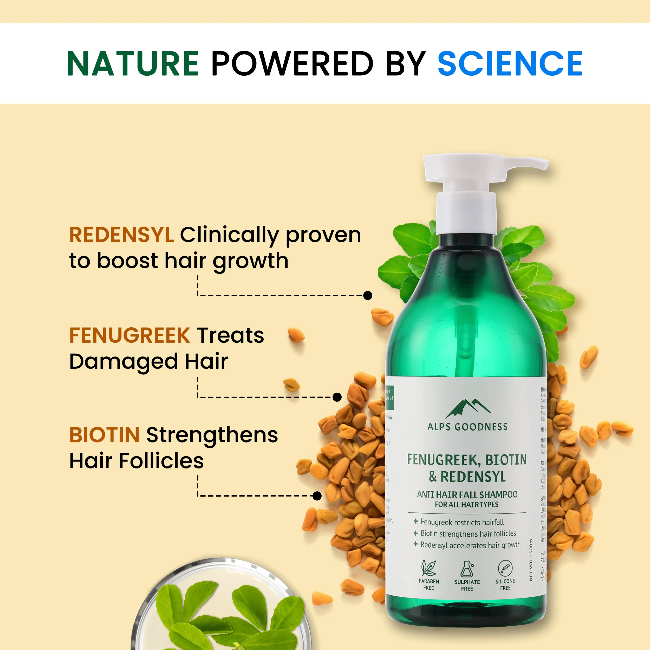 Alps Goodness Fenugreek Biotin & Redensyl Anti Hairfall Shampoo for All Hair Types (500 ml) | Sulphate Free Silicone Free Paraben Free | Gentle & Mild Cleansing Shampoo| Vegan | Hairfall Control Shampoo