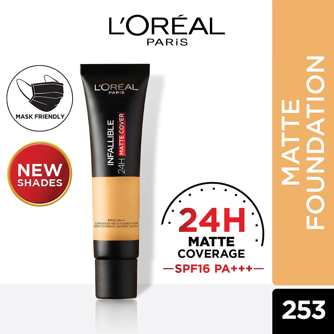 L’Oréal Paris Infallible 24H Matte Cover Liquid Foundation, 253 Caramel Sand, 35 ml